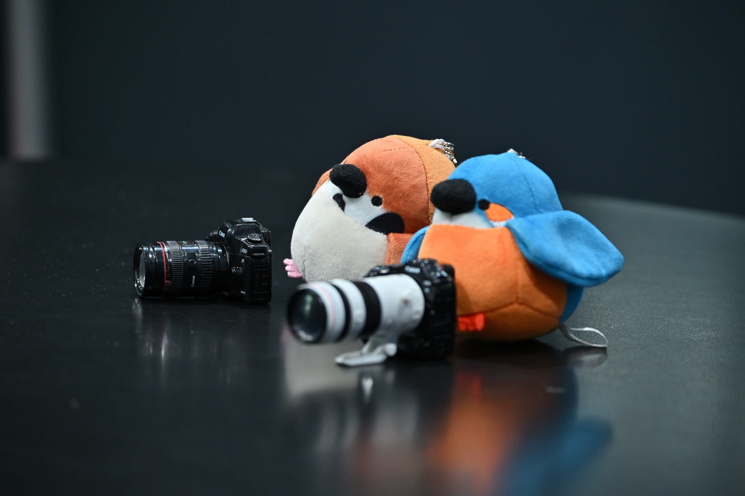 小さなカメラと並ぶ鳥のぬいぐるみ